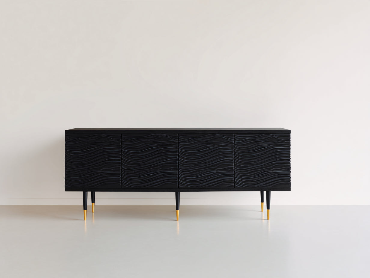 Mueble recibidor 180x42x78 cm - madera negra con relieve ondulado - estilo moderno con 4 puertas