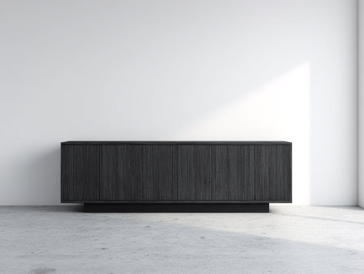 Mueble recibidor 180x40x55 cm - madera negra estriada para entrada - estilo moderno bajo