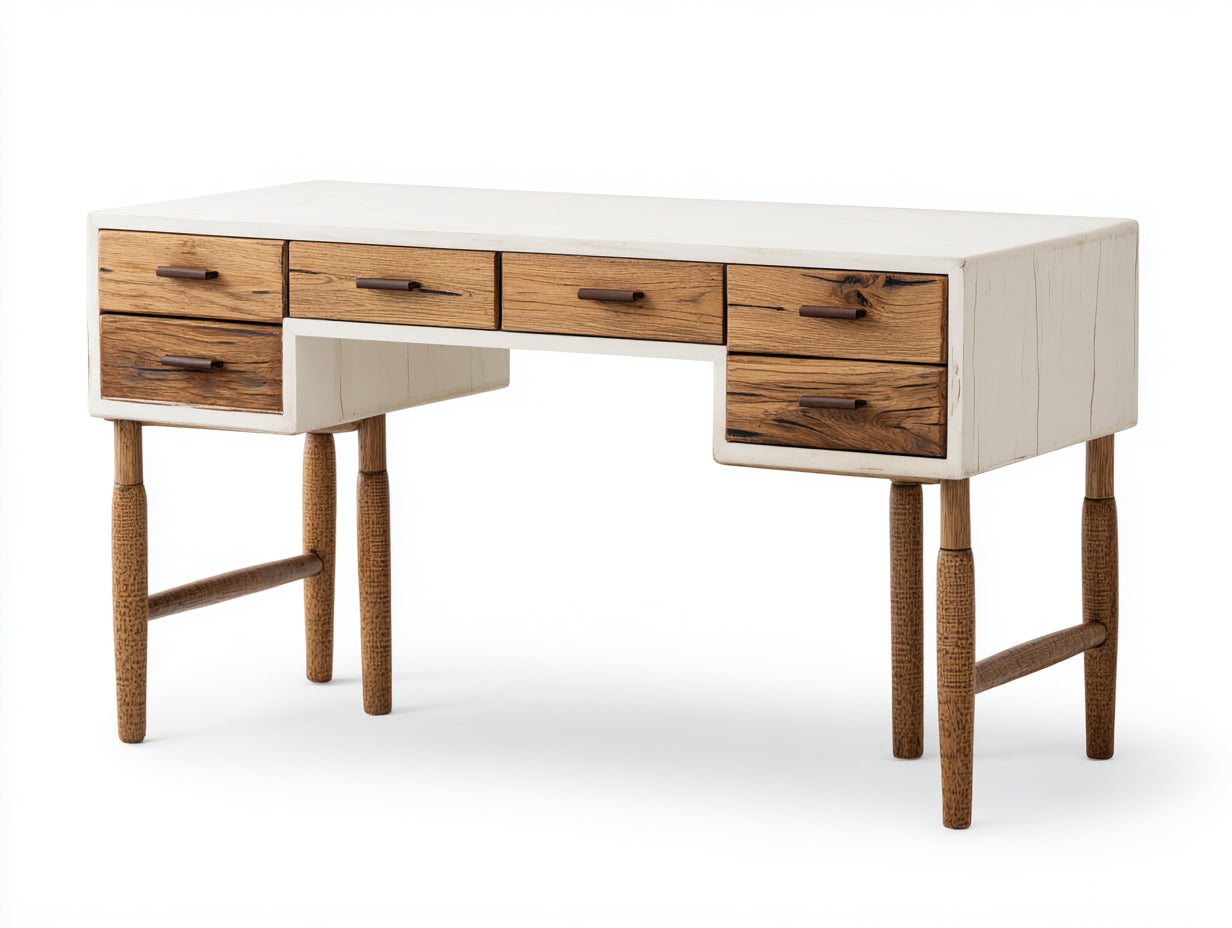 Mesas de oficina 140x60x78 cm - madera blanca y marrón para despacho - estilo rústico con 6 cajones