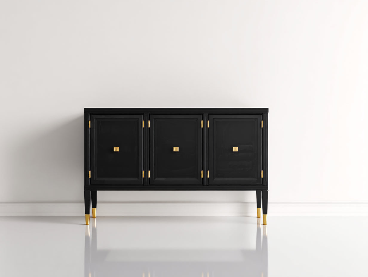 Mueble recibidor madera 140x42x88 cm negro y dorado - diseño elegante con puertas