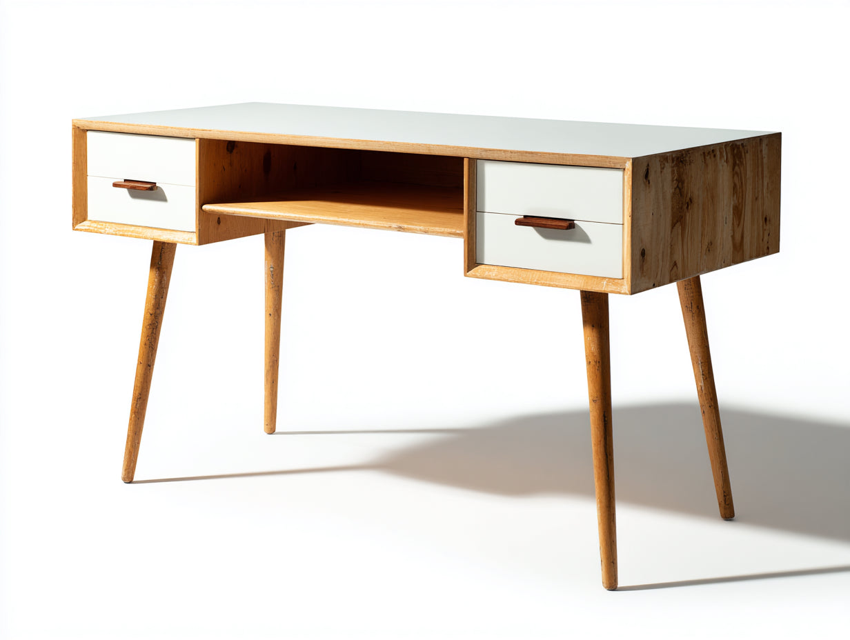 Mesas de oficina 130x55x76 cm - madera marrón y blanco para despacho - estilo retro con 2 cajones
