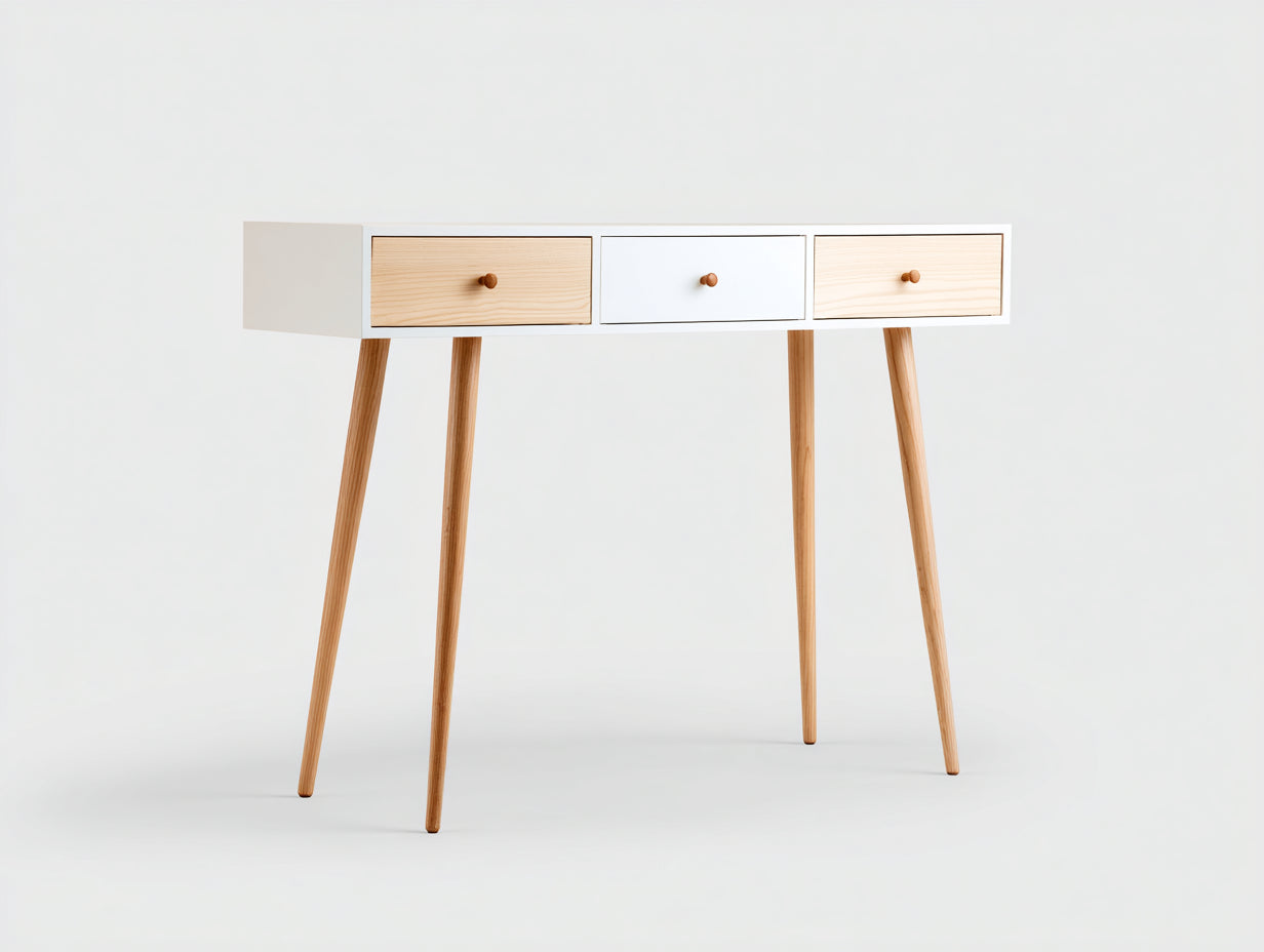 Mesas de oficina con 3 cajones MDF y madera 100x40x78 cm - Blanco-Natural - Diseño nórdico moderno